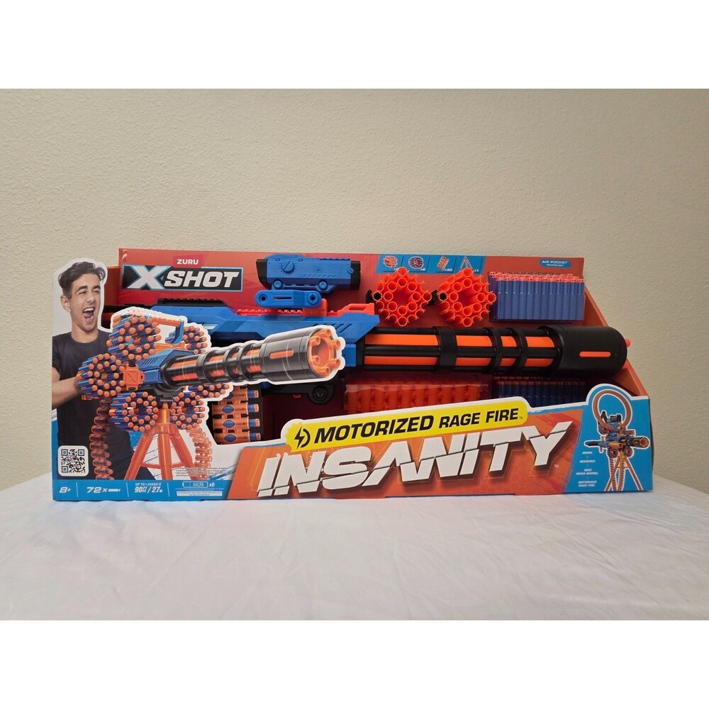 ZURU X-Shot Insanity Motorized Rage Fire Gatling Blaster 72 Darts Tripod NEW